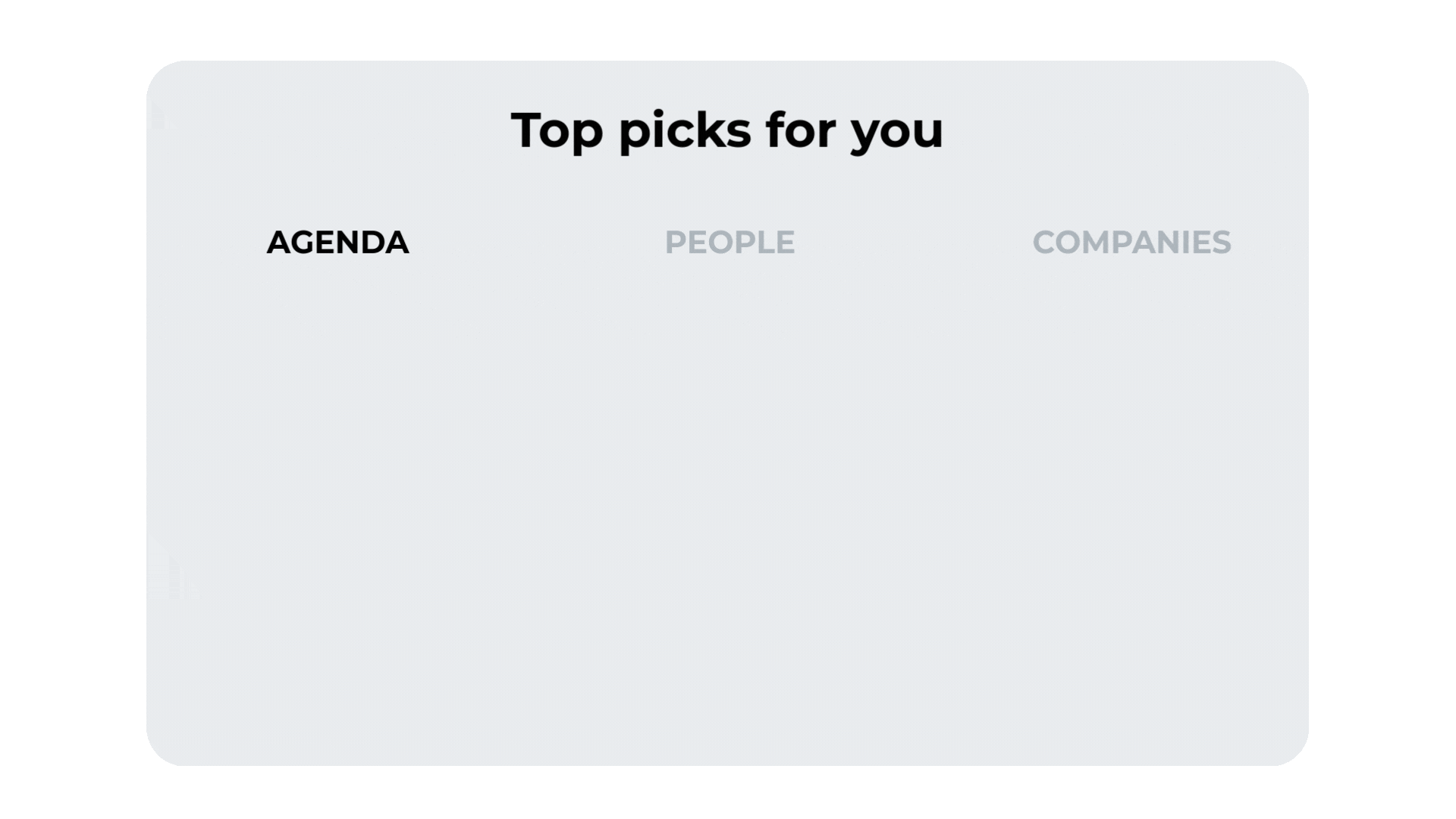 Jublia AI event platform showing personalized recommendations for sessions, people, and companies based on attendee interests.