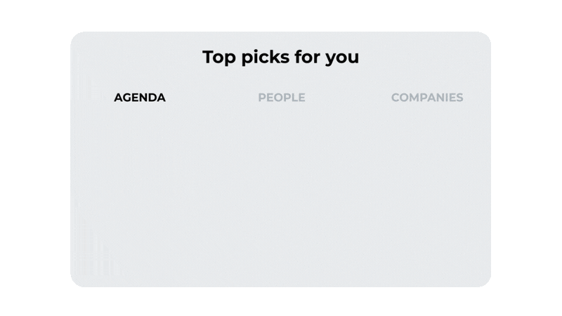 Jublia AI event platform showing personalized recommendations for sessions, people, and companies based on attendee interests.