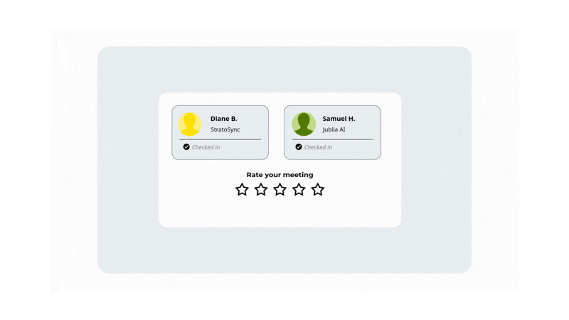 Event hub guiding attendees to meetings and sessions, with post-meeting ratings and AI insights on interaction quality.
