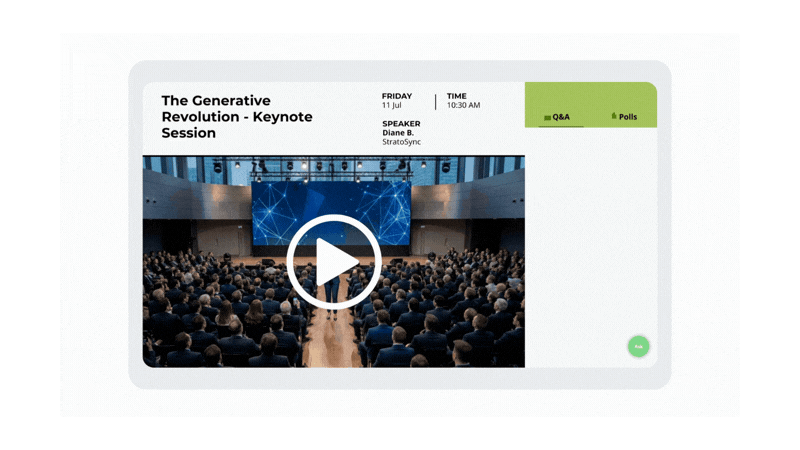 Live session streaming with integrated Q&A, enabling real-time audience interaction during event sessions.