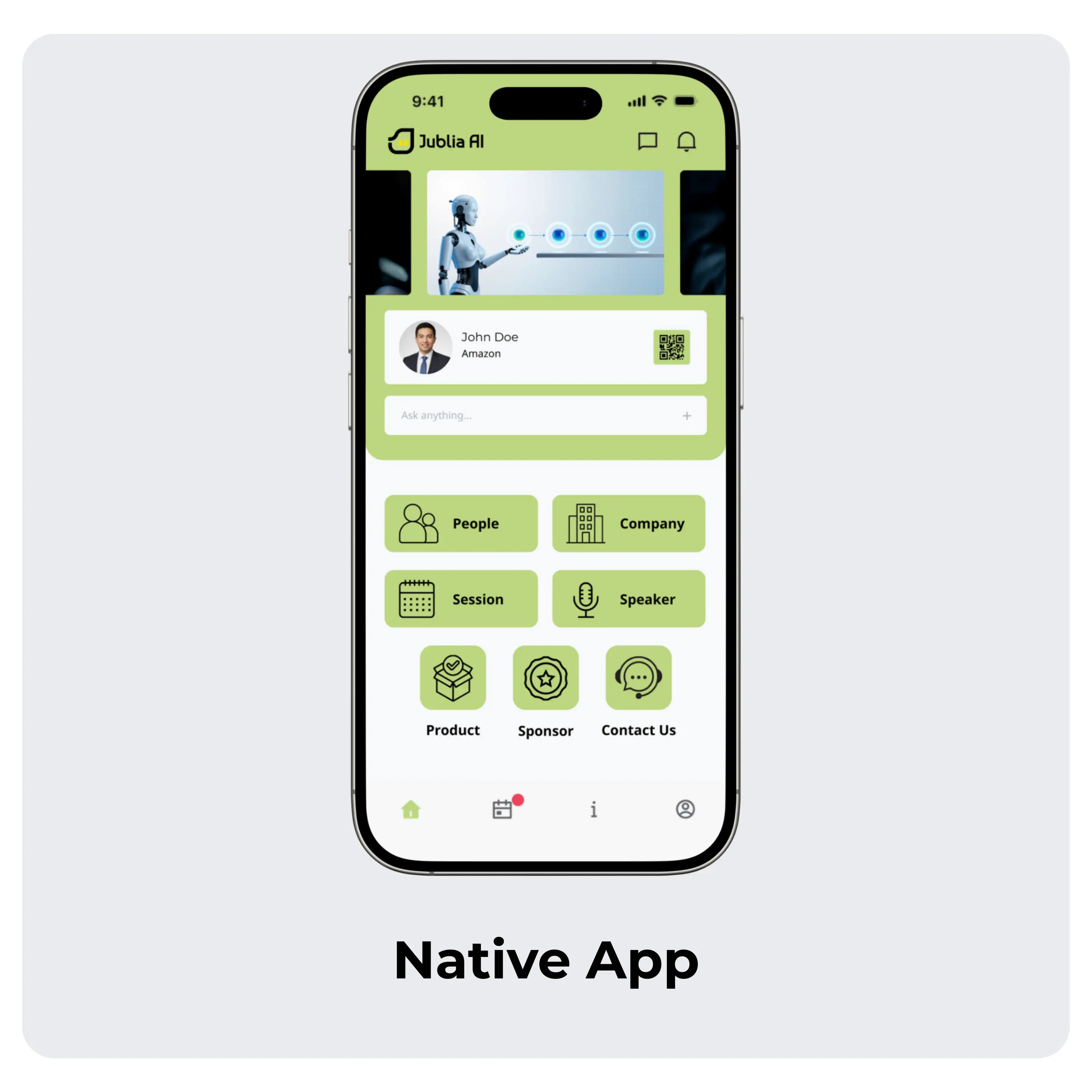 Mobile native event app interface designed for seamless engagement across the event lifecycle.