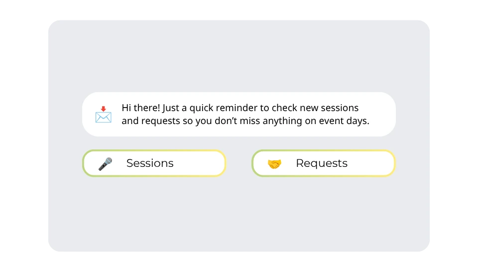 Event app notifications via Jublia AI recommending relevant profiles, sessions, and meetings to guide attendees with personalized pre-event engagement.