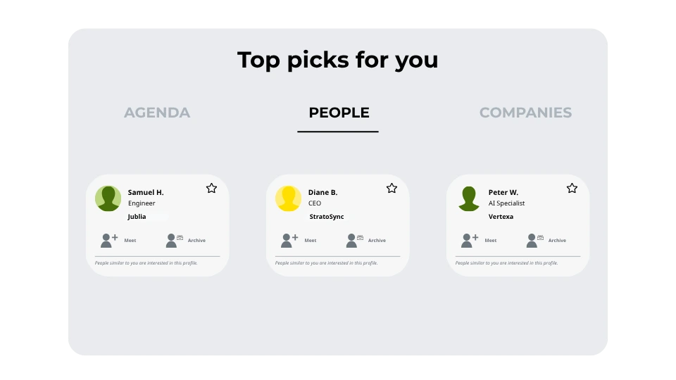 Jublia AI event platform showing personalized recommendations for sessions, people, and companies based on attendee interests.