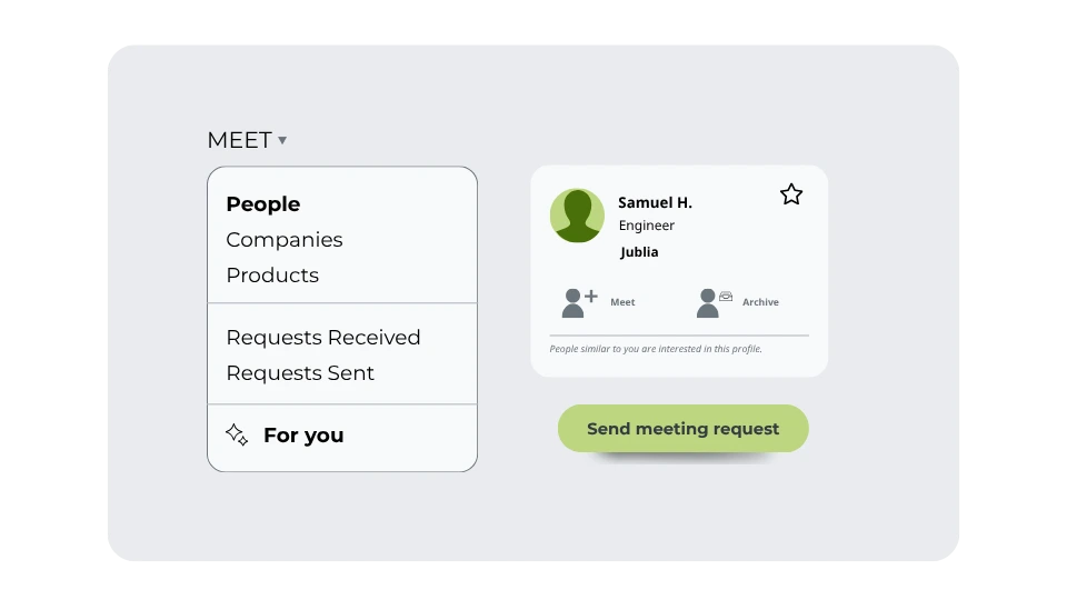Event agenda screen with bookmarked sessions and meeting requests, helping attendees plan schedules and secure meetings pre-event.