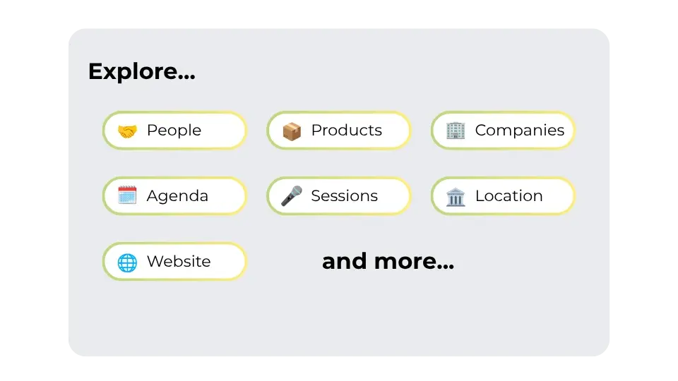Event platform welcome screen guiding attendees into an event hub to explore people, companies, sessions, agendas, and key event information.