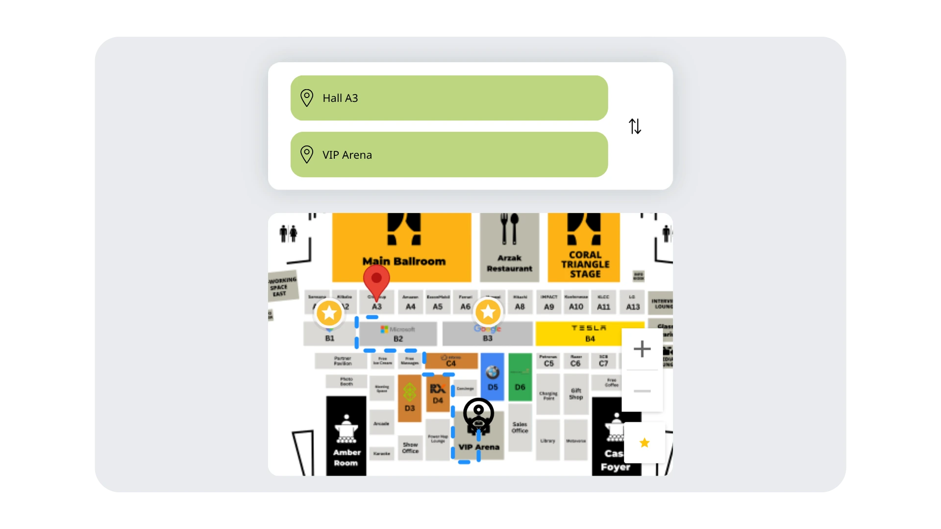 Event map navigation showing start and end points with real-time routes, helping attendees find sessions and meetings easily on-site