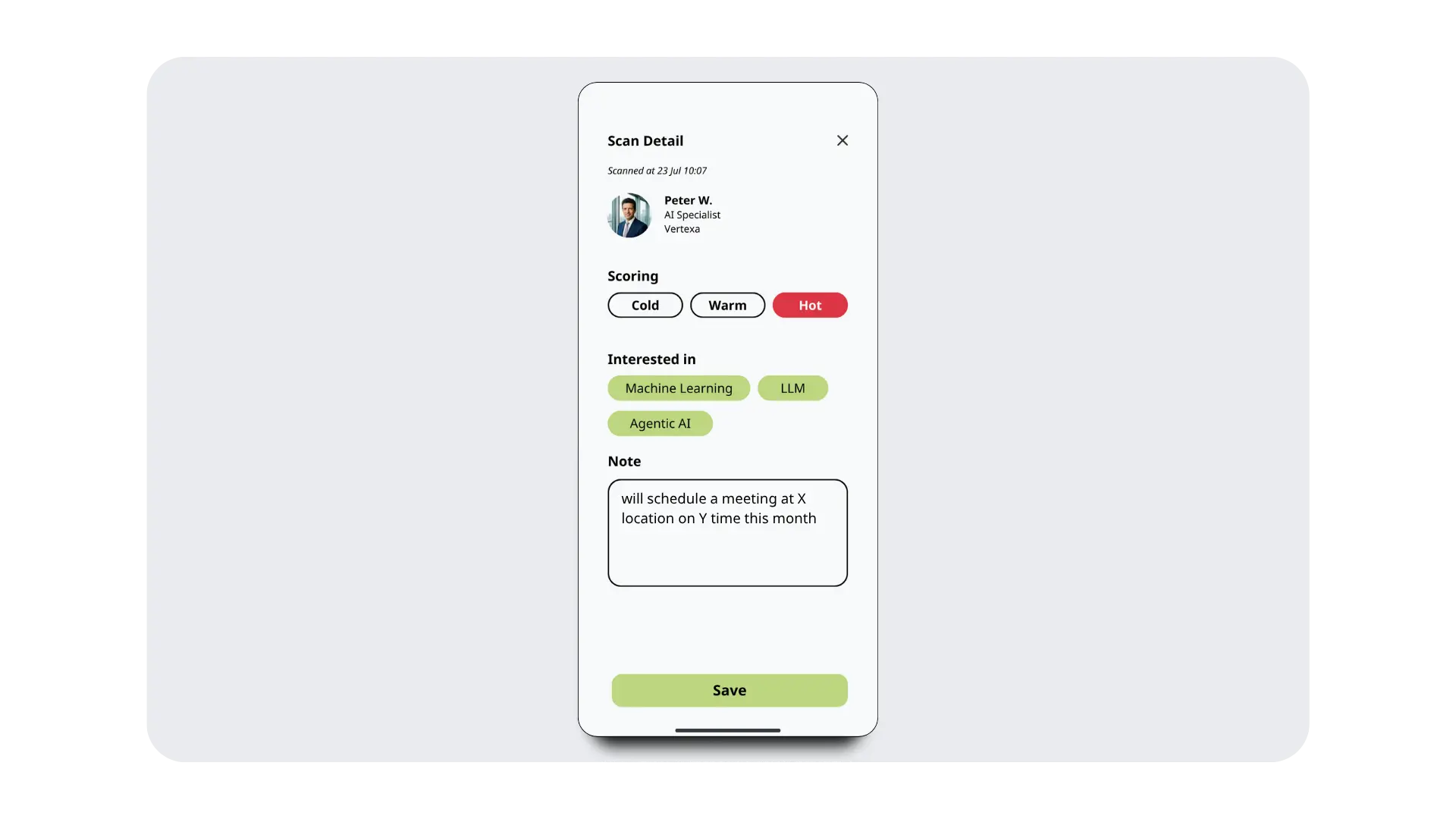 Intelligent lead scanner scoring leads as cold, warm, or hot, with interests and notes captured in real time during the event.