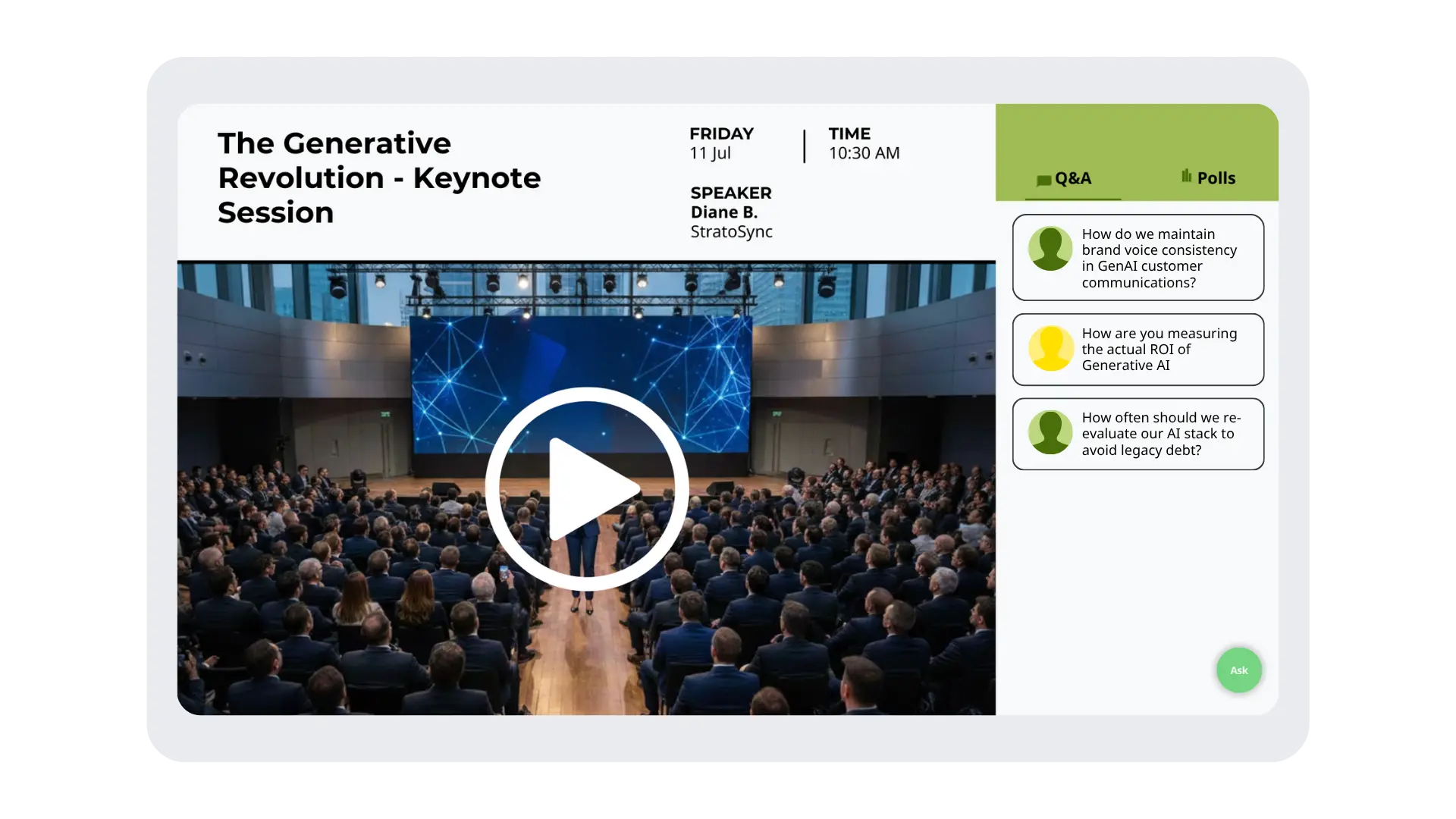 Live session streaming with integrated Q&A, enabling real-time audience interaction during event sessions.