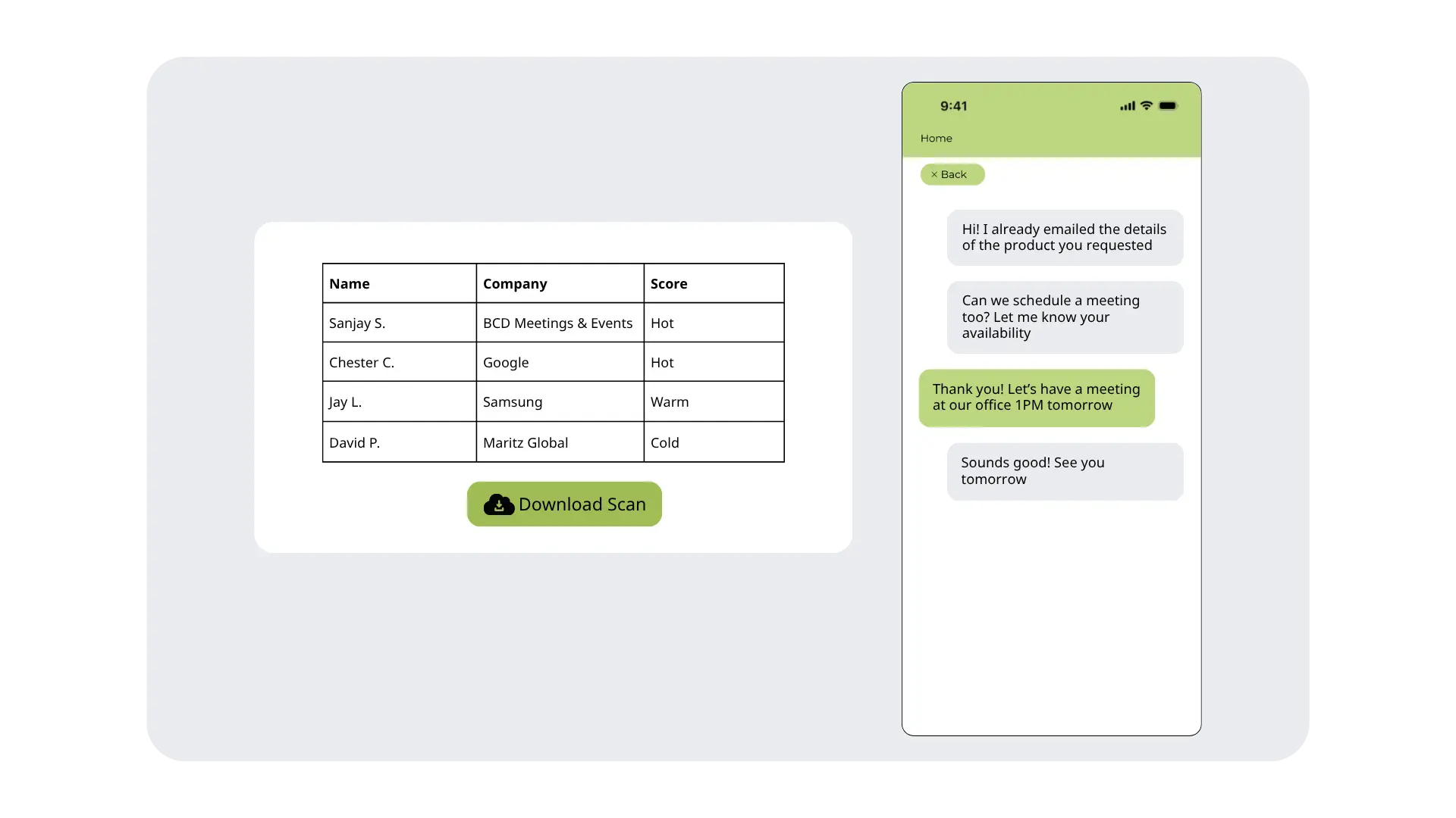 Event lead scanning interface allowing attendees to verify, qualify, and manage follow-up actions within the event hub.
