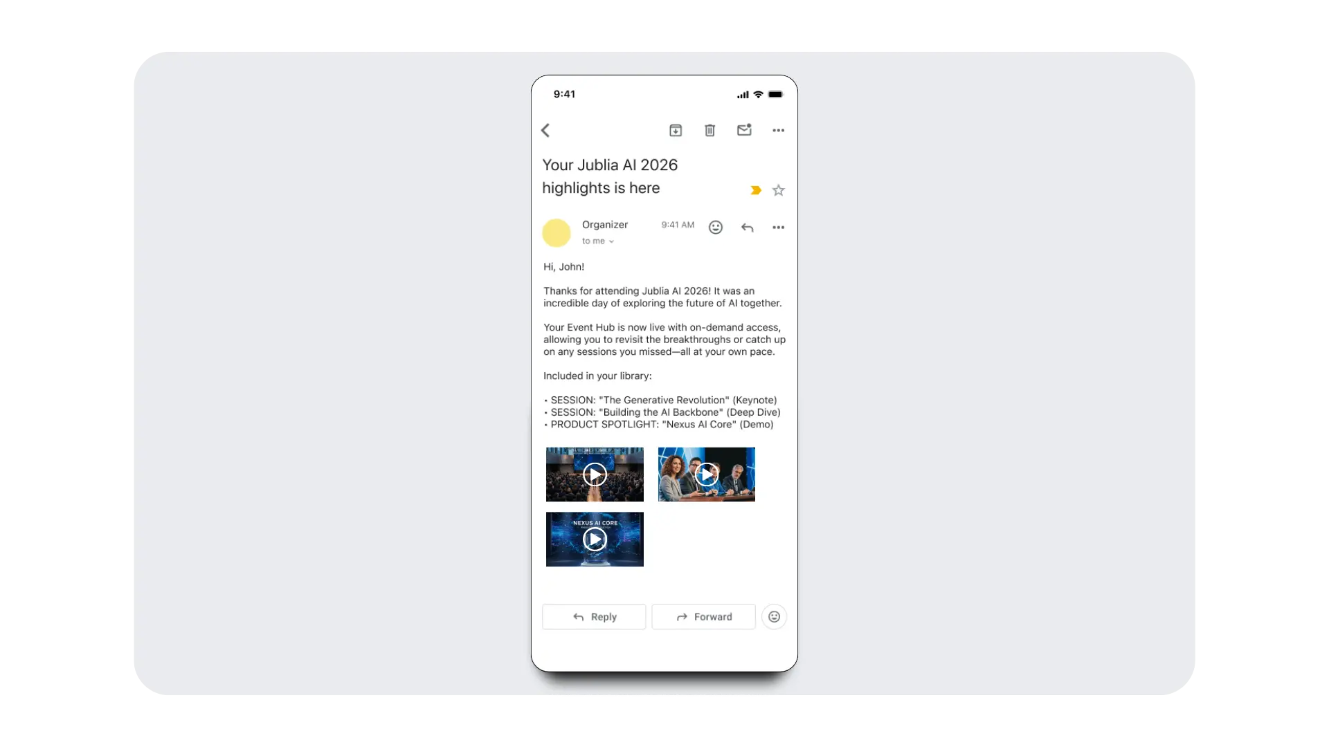 On-demand event content interface allowing attendees to access sessions and materials after the live event ends.