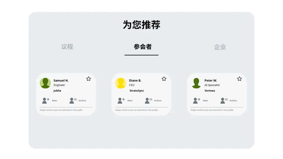 Jublia AI event platform showing personalized recommendations for sessions, people, and companies based on attendee interests.