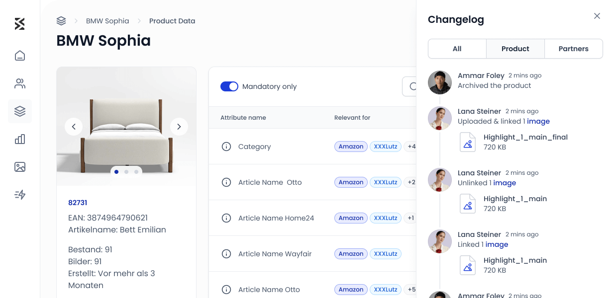 shopvibes PIM screenshot of single product view with an example product, a bed, and an extended changelog visible