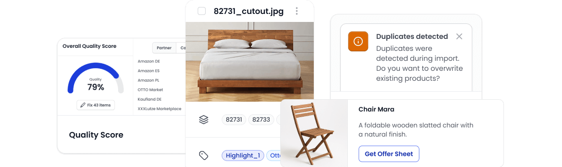 PIM feature mockup showing multiple aspects of shopvibes PIM