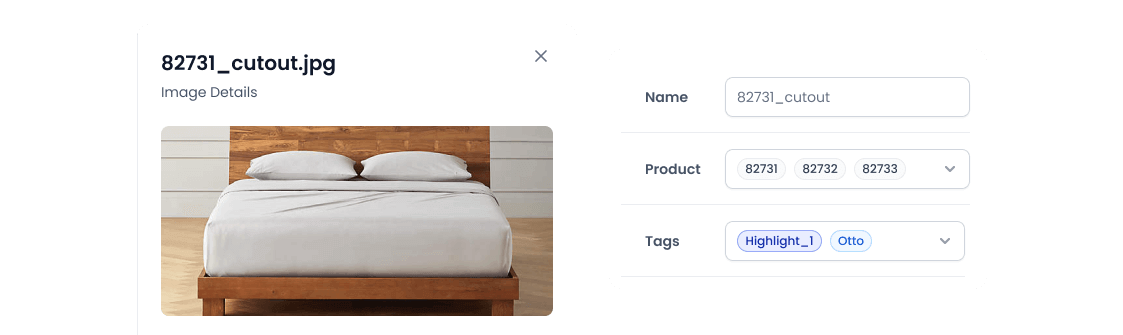 Front view of a modern wooden bed frame with white bedding and pillows on a wooden floor against a white and wood-paneled wall.