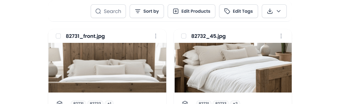 DAM with two images of beige and white bedding sets on wooden bed frames with matching bedside lamps.