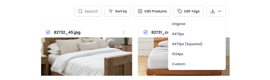 shopvibes app Interface showing image selection with two bedroom photos in wooden frames and a dropdown menu for image resolution options.