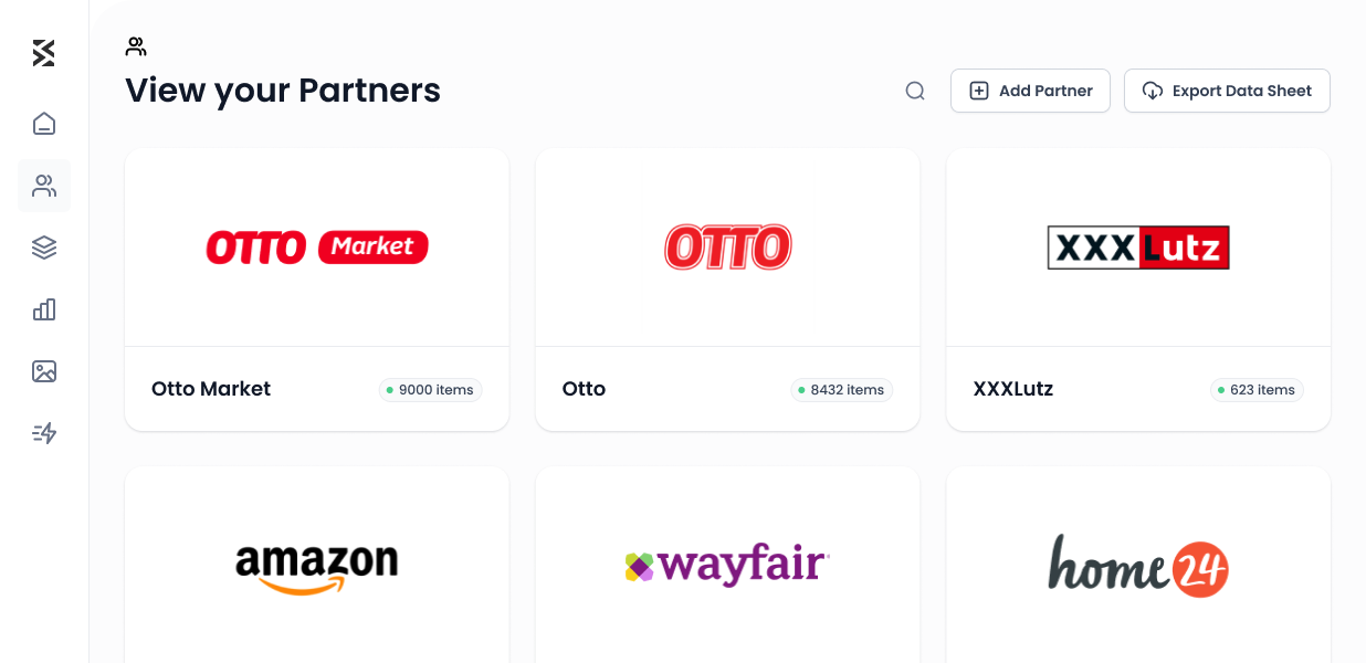 shopvibes app Interface showing partner overview of PIM with Partners like Otto Market, XXXLutz, amazon, wayfair, home24.