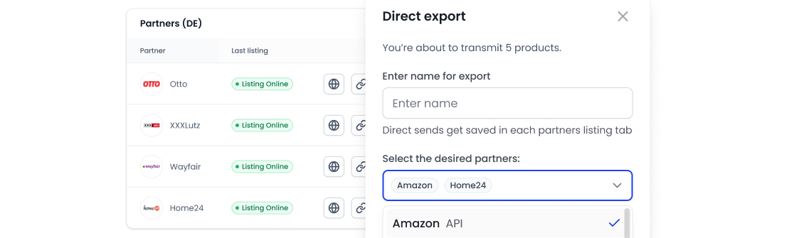 Screenshot of a dashboard showing partners with status and a direct export form to transmit five products, including options to enter export name and select partners like Amazon and Home24.