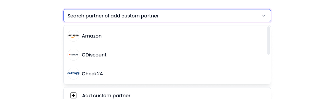 Dropdown menu with partner search and options including Amazon, CDiscount, and Check24, plus an option to add a custom partner.