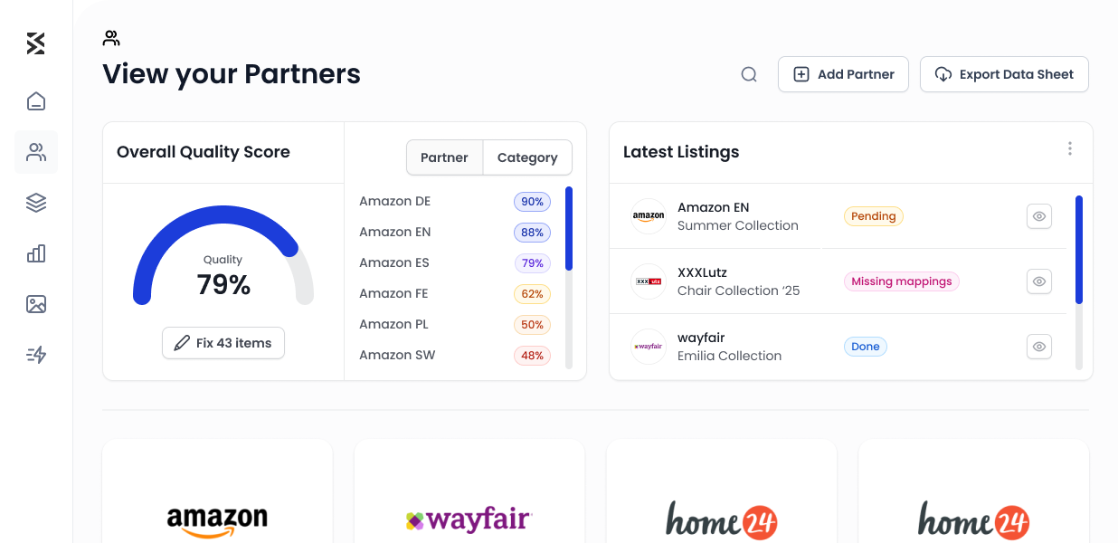shopvibes partner Dashboard showing partner quality scores with Amazon, Wayfair, and Home24 logos, listings status, and options to add partners or export data.