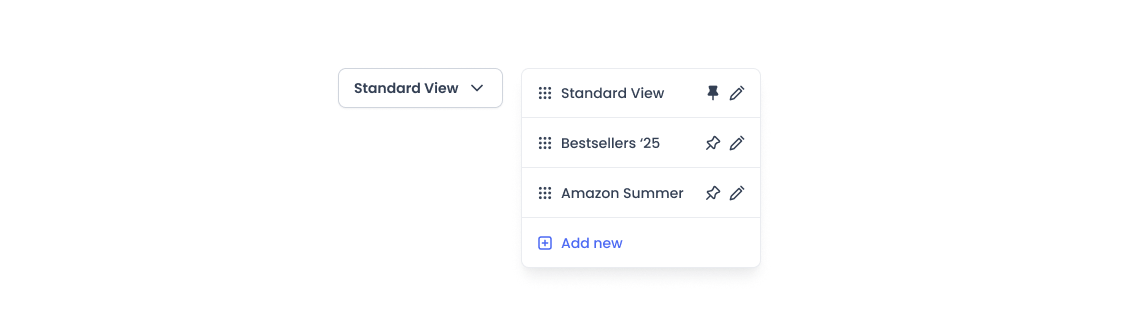 Dropdown menu showing view options: Standard View (selected), Bestsellers ’25, Amazon Summer, and an Add new button.