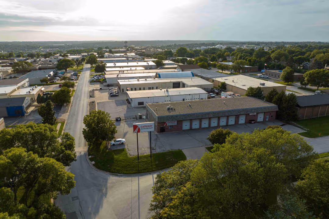 An aerial drone shot of Gateway Auto Service Center