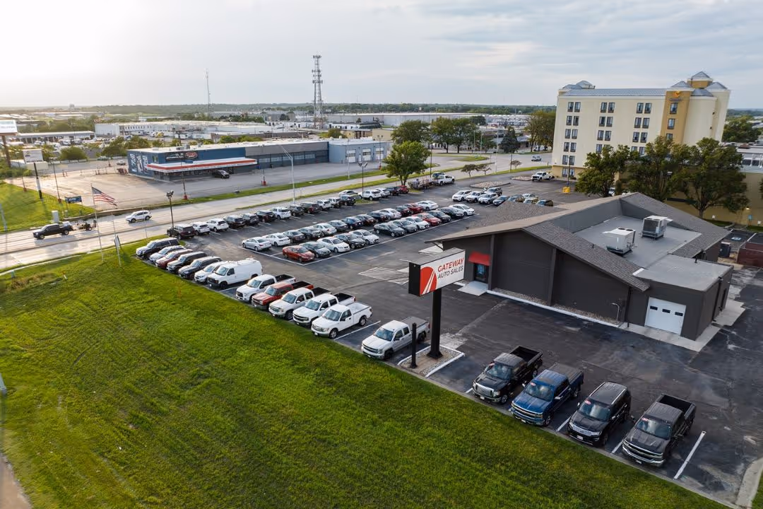 An aerial drone shot of the Gateway Auto used car sales lot