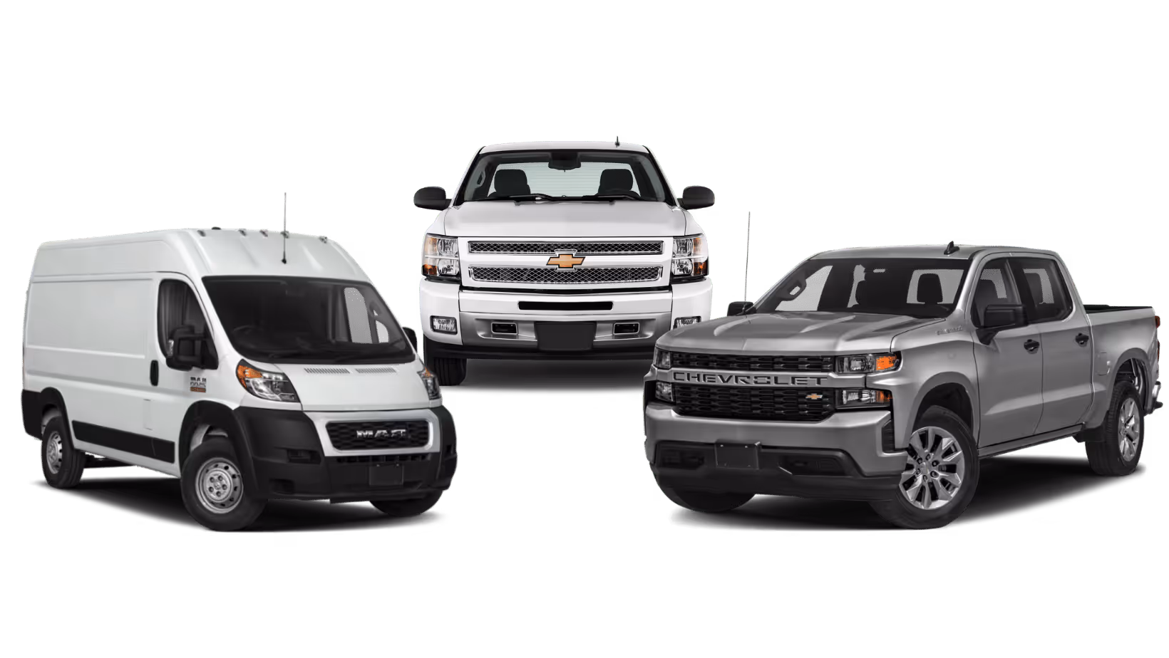 A lineup of fleet vehicles: a Ram ProMaster cargo van and two Chevrolet Silverado pickup trucks