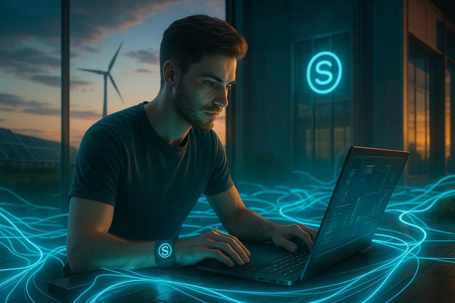Молодой мужчина за ноутбуком на закате в эко-тех офисе; вокруг неоновые бирюзовые “энергетические нити”, в окне видны ветро- и солнечные установки; на стене и браслете — светящийся логотип SiteCraft.