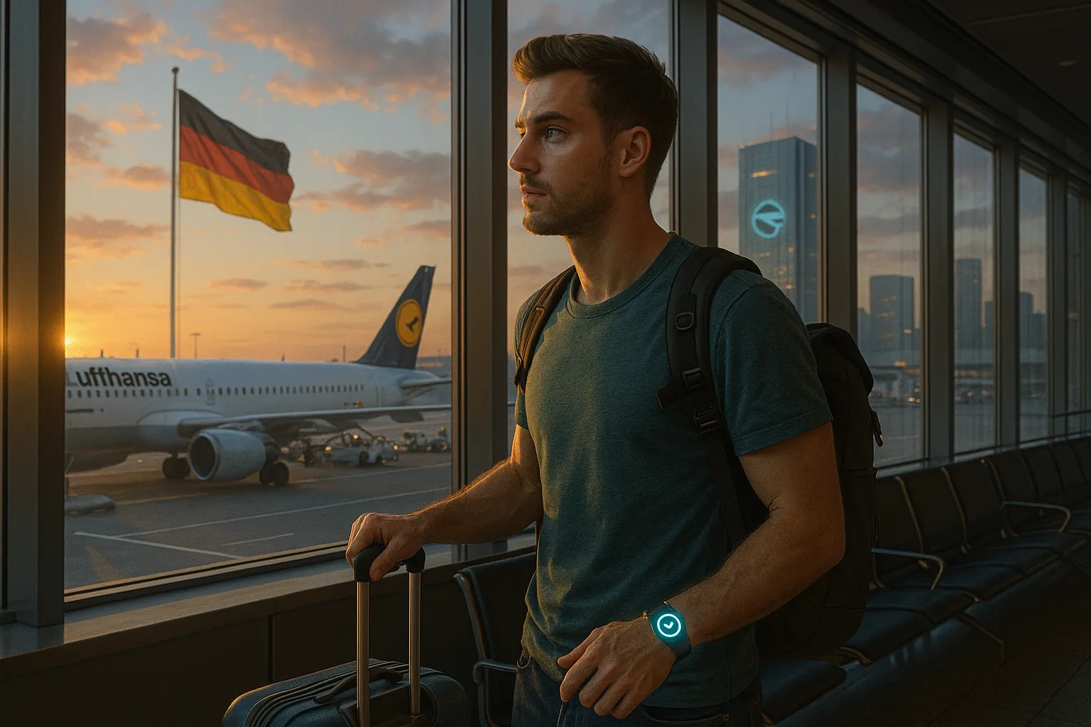 Аэропорт на закате: мужчина с рюкзаком и чемоданом смотрит в окно на самолёт Lufthansa и флаг Германии; на запястье неоновый логотип SiteCraft; без текста.