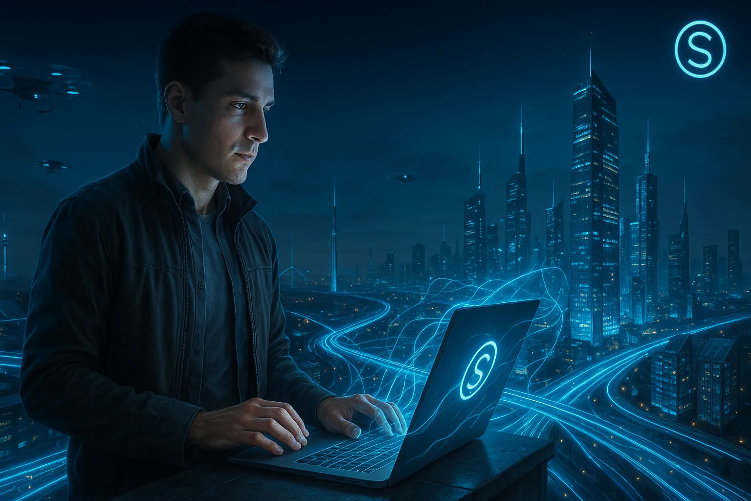 Ночной футуристический город: мужчина работает на ноутбуке с подсвеченным логотипом SiteCraft; неоновые потоки данных соединяют здания, в небе дроны; сцена без текста.