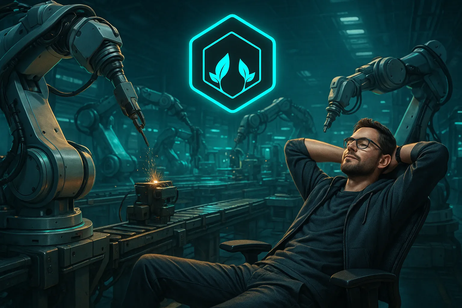 Ночной футуристический город: мужчина работает на ноутбуке с подсвеченным логотипом SiteCraft; неоновые потоки данных соединяют здания, в небе дроны; сцена без текста.