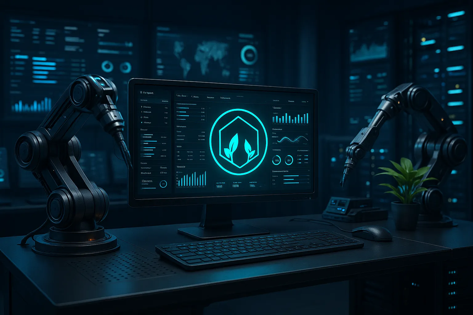 Ночной футуристический город: мужчина работает на ноутбуке с подсвеченным логотипом SiteCraft; неоновые потоки данных соединяют здания, в небе дроны; сцена без текста.