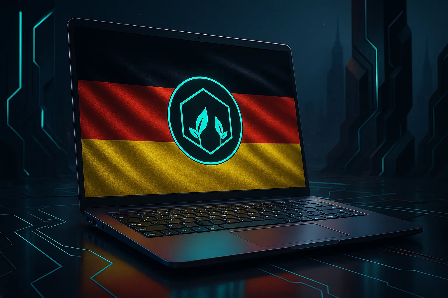 Открытый ноутбук в футуристичном помещении; на экране — флаг Германии (чёрный-красный-золотой) с сияющим шестиугольным логотипом SiteCraft поверх ткани. Вокруг — неоновые архитектурные формы и холодные блики; сцена символизирует локализацию и работу для рынка DE, сохранён фирменный неоново-циановый стиль без текстовых подписей.