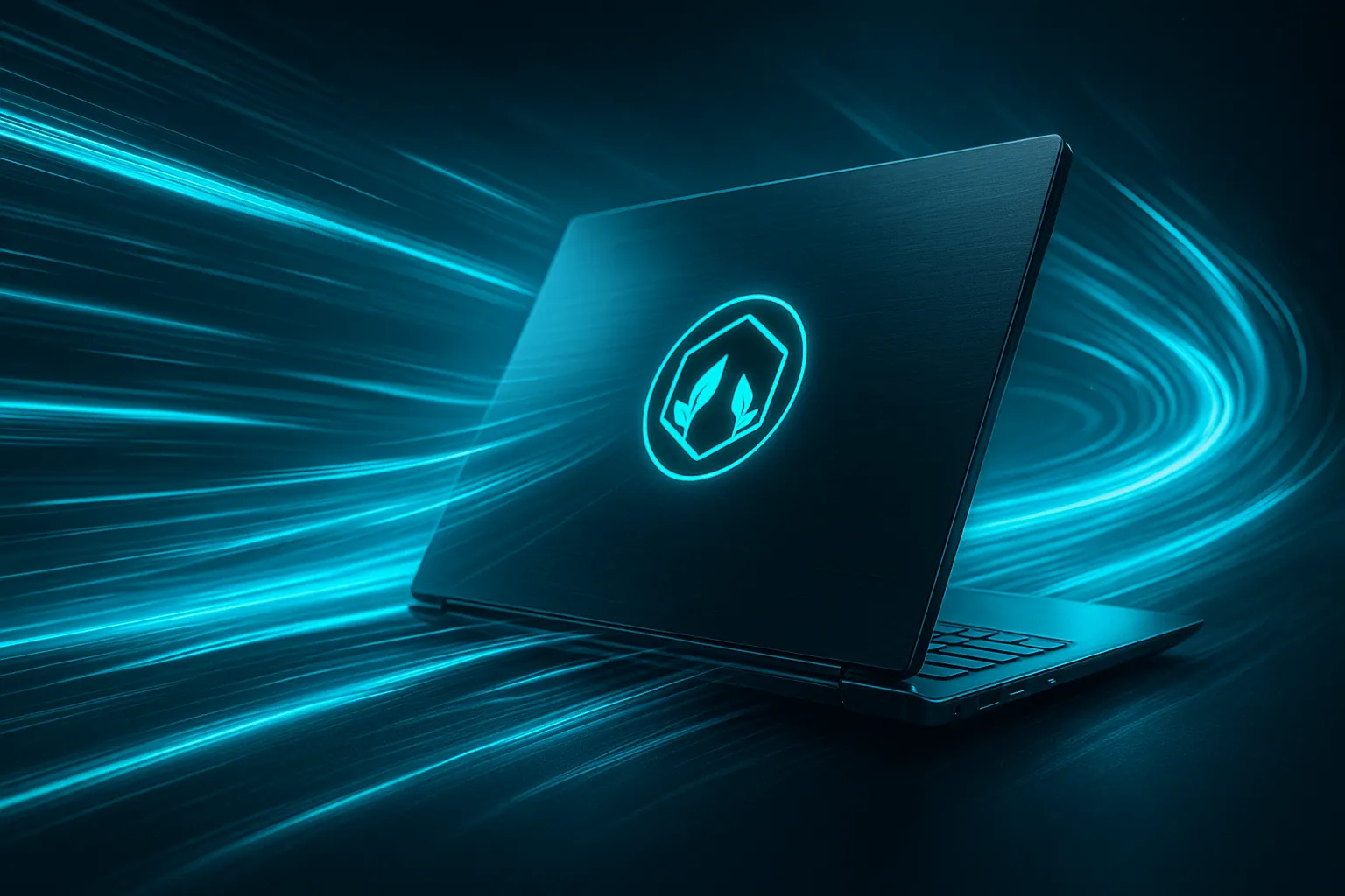 Закрытый металлический ноутбук с сияющим шестиугольным логотипом SiteCraft на крышке, вокруг — потоки неоновых световых линий как аэродинамические трассы. Длинная выдержка, отражения на столешнице и ощущение ускорения передают тему производительности и быстрого загрузивания страниц; футуризм, ультра-реализм, без текста.