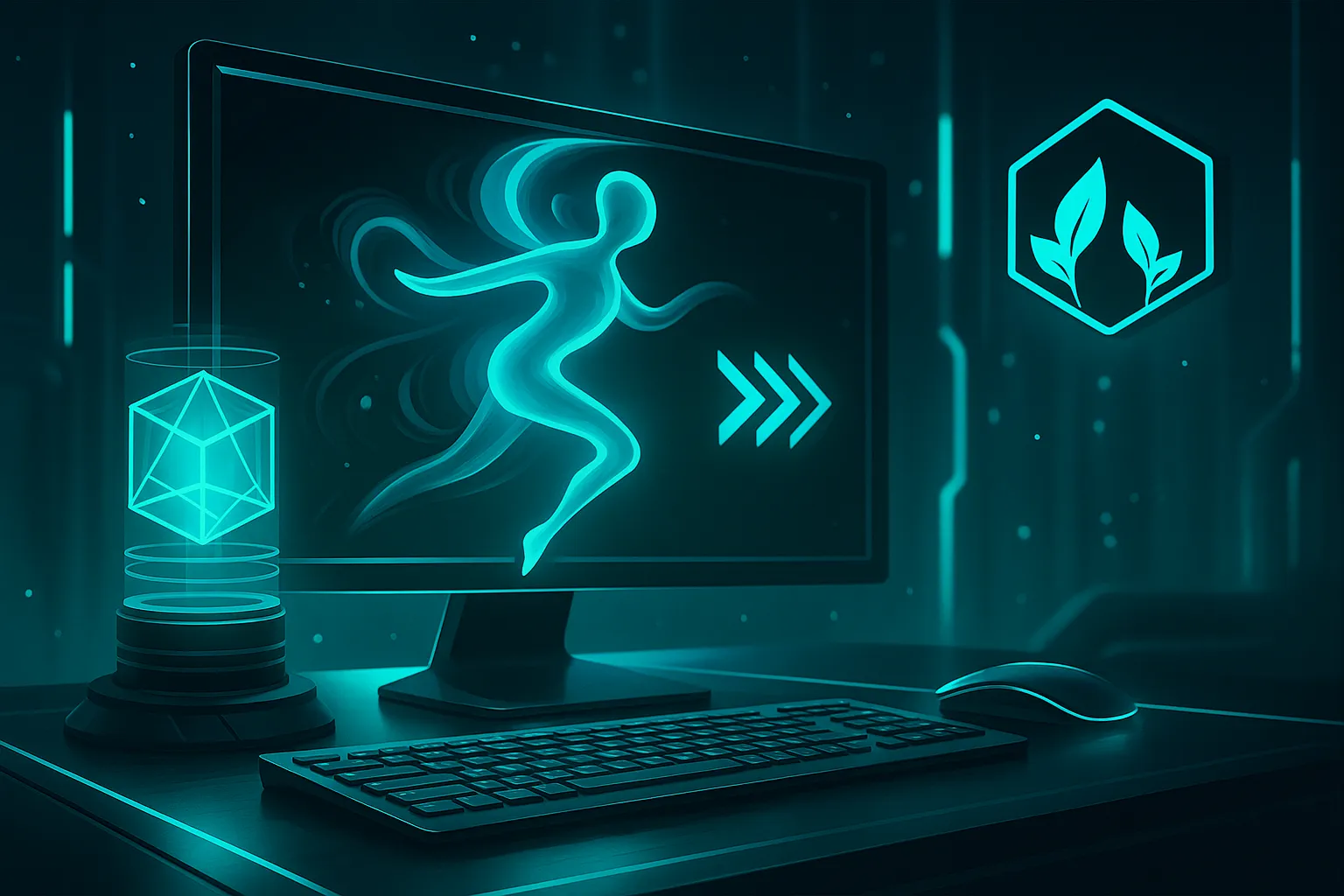 Настольная сцена: монитор показывает светящуюся бегущую фигуру-контур и три стрелки «вперёд»; слева — голографический куб на проекторе, справа — клавиатура и мышь. В углу экрана — шестиугольный логотип SiteCraft; неоновые контуры и частицы подчеркивают тему анімацій, мікровзаємодій та інтерактивних UI-эффектов в фирменной циановой гамме.