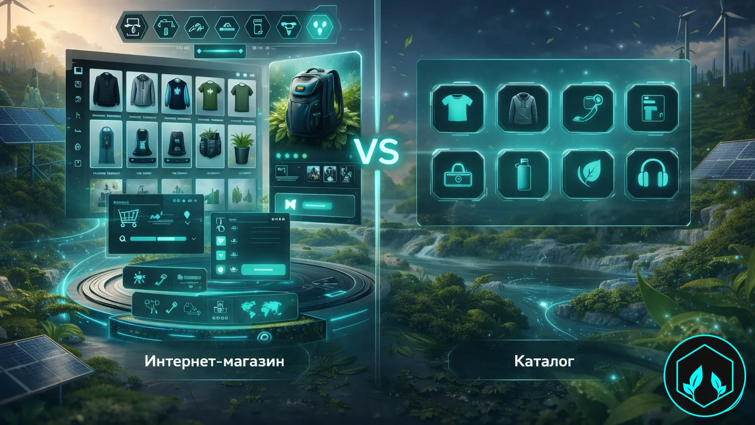 Молодой мужчина за ноутбуком на закате в эко-тех офисе; вокруг неоновые бирюзовые “энергетические нити”, в окне видны ветро- и солнечные установки; на стене и браслете — светящийся логотип SiteCraft.