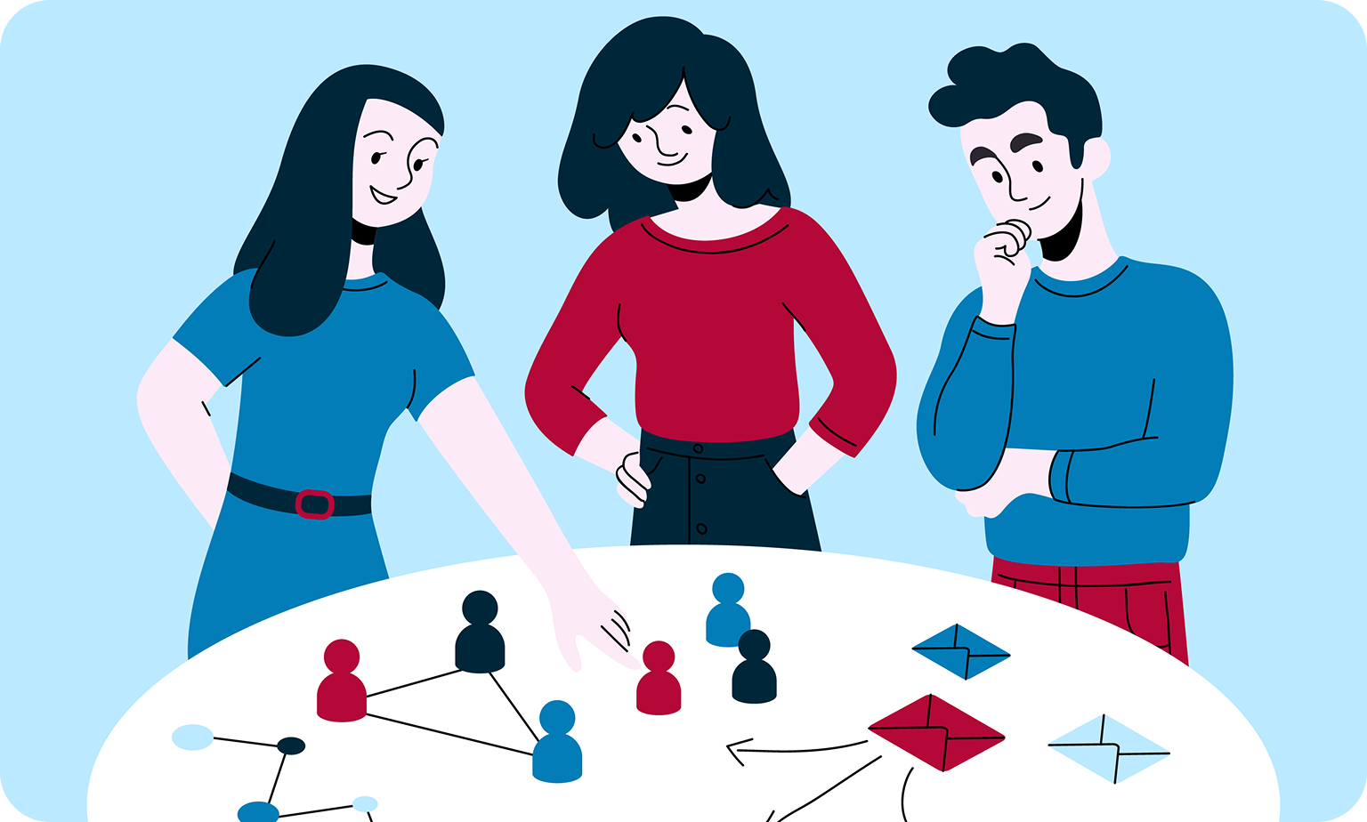Illustration of three people collaborating around a table, reviewing connected audience icons and message flows to represent strategic targeting.