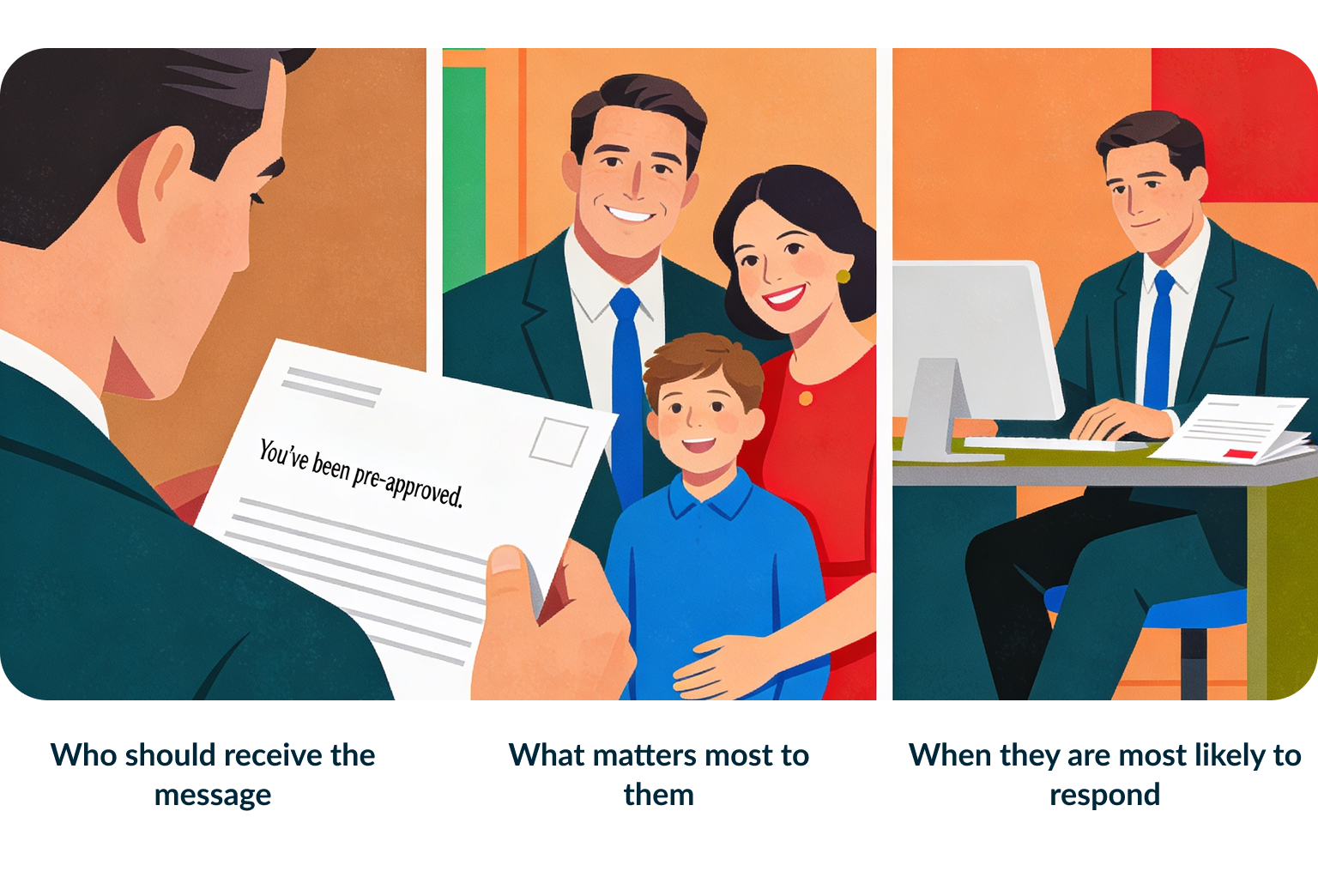 Illustration split into three sections showing a man reading a 'You've been pre-approved' letter, a happy family of three smiling, and a man working at a computer desk, representing who should receive the message, what matters most to them, and when they are most likely to respond.