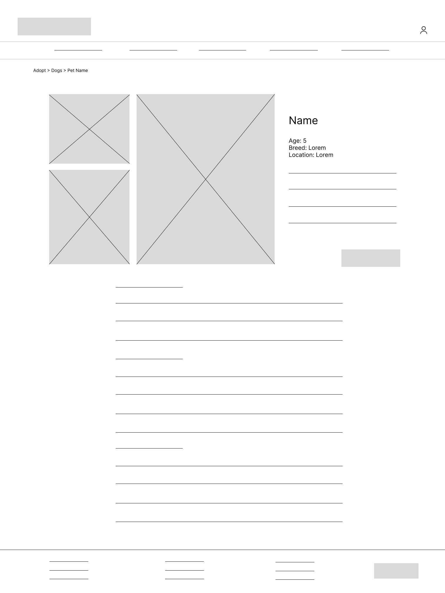 pet listing page desktop digital wireframe