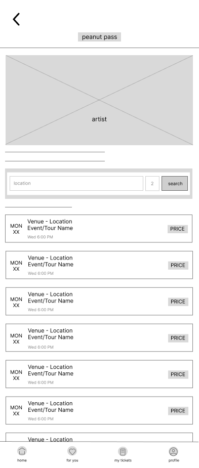 artists events page mobile digital wireframe