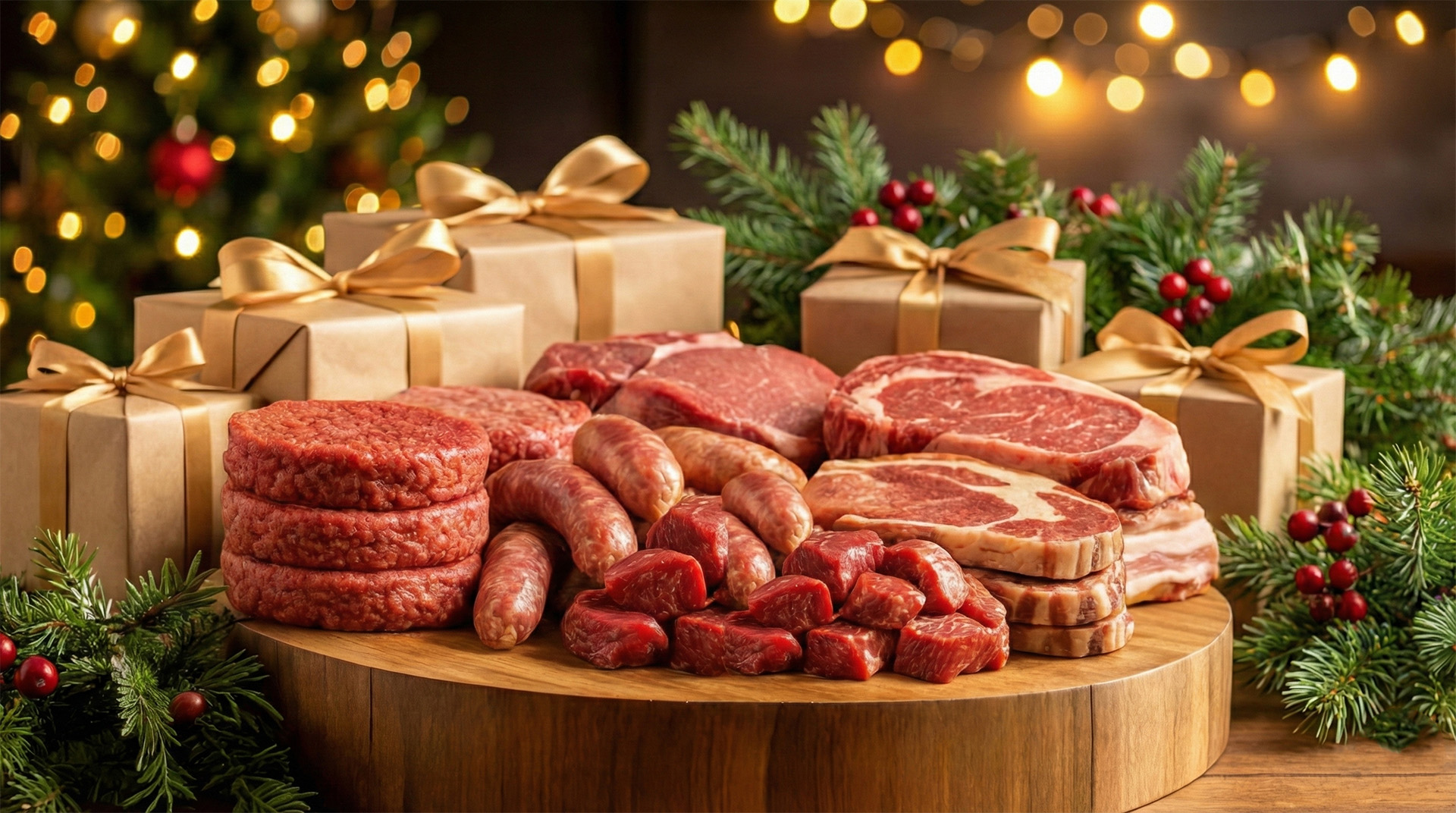 A gift of meat presented amongst a Christmas backdrop.