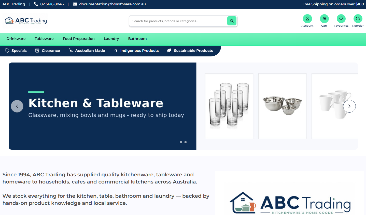 A BBS eStore storefront homepage showing search, category navigation, promotional banner and featured products