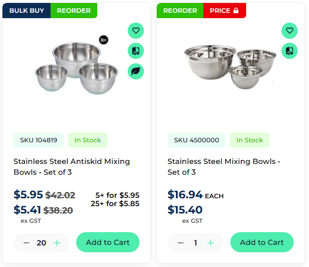 BBS eStore product listings showing SKU, live stock, customer contract pricing and quantity break pricing