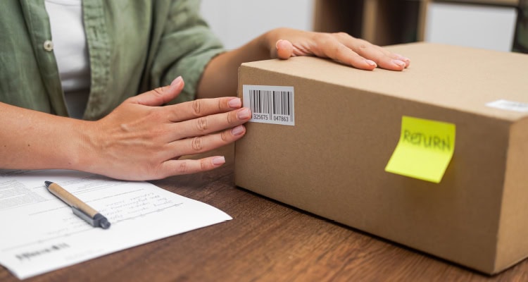 Shipping label on a packing box.