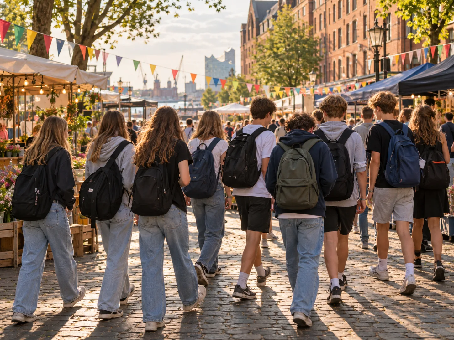 Schulklasse mit Rucksäcken auf einem Straßenfest in Hamburg, im Hintergrund die Elbphilharmonie