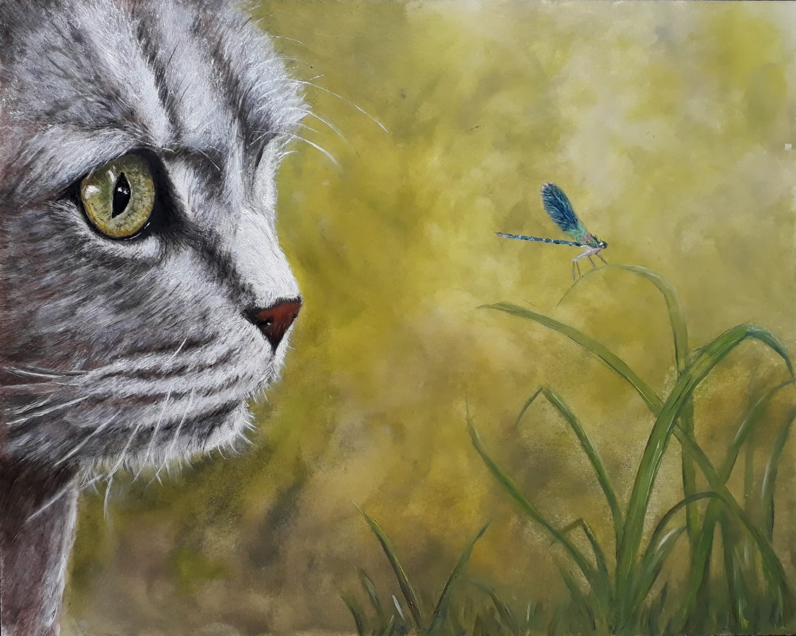 Een kat en een libelle,  geschilderd.