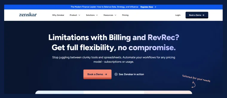 Zenskar homepage hero promoting flexible billing and revenue recognition automation with a 'Book a Demo' call-to-action.