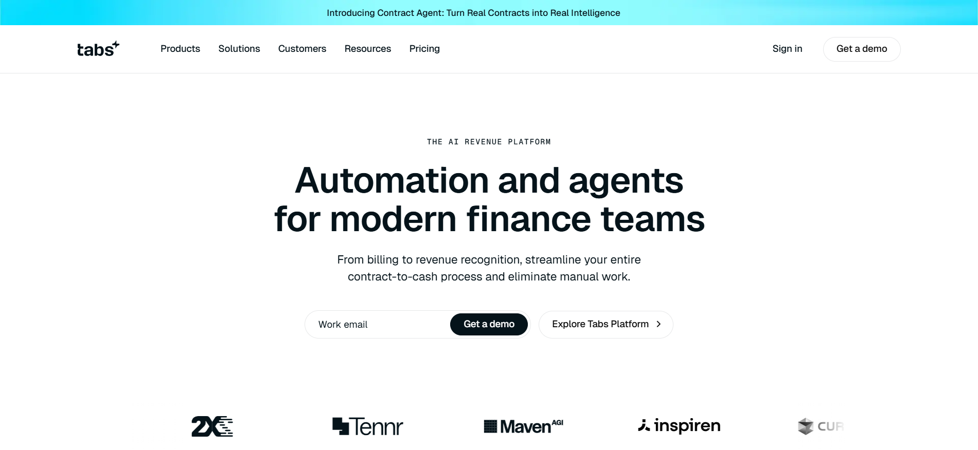 Tabs AI Revenue Platform homepage promoting automation and AI agents for billing and revenue recognition for modern finance teams.