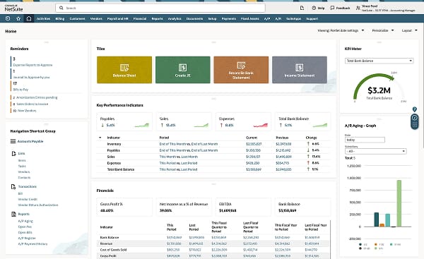 NetSuite ERP dashboard displaying financial KPIs, account reminders, key financial tiles, and an A/R aging graph for business performance tracking.